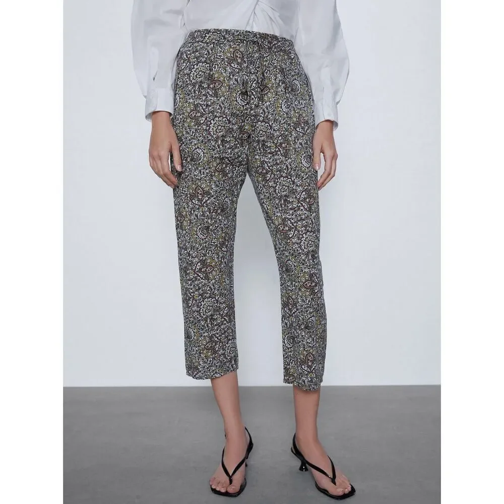 ZARA Floral Print Linen/Cotton Blend Pants Size XS